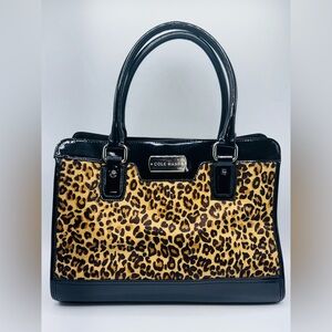 Cole Haan Carrington Satchel Dyed Cow Hair Cheetah Black Patent Bag Top Handle